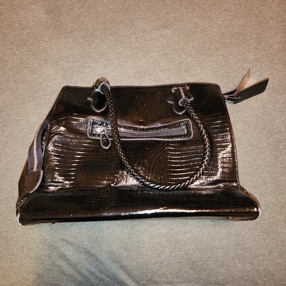 UNKNOWN Purse Bag Black Patent Leather Croc Embossed Braided Handles FLAWED - Picture 1 of 12